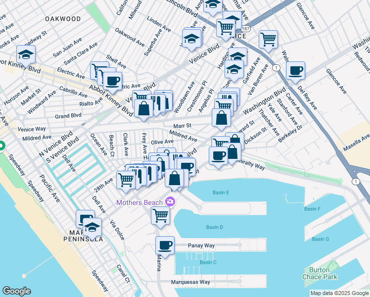 map of restaurants, bars, coffee shops, grocery stores, and more near 663 Washington Boulevard in Marina del Rey
