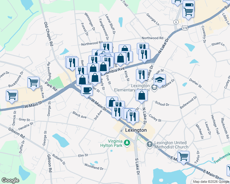 map of restaurants, bars, coffee shops, grocery stores, and more near Fox Street in Lexington