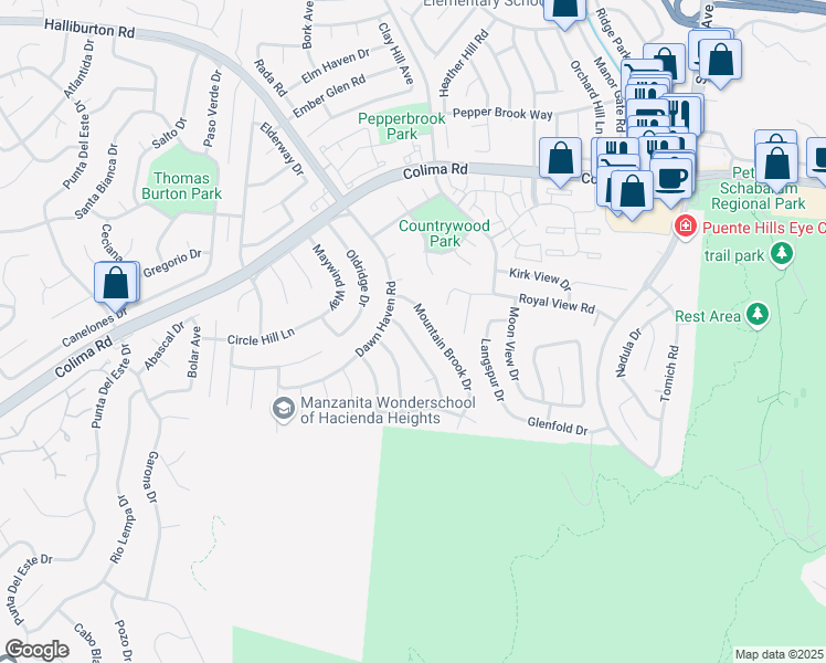 map of restaurants, bars, coffee shops, grocery stores, and more near 2330 Birch Log Way in Hacienda Heights