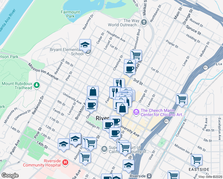 map of restaurants, bars, coffee shops, grocery stores, and more near in Riverside