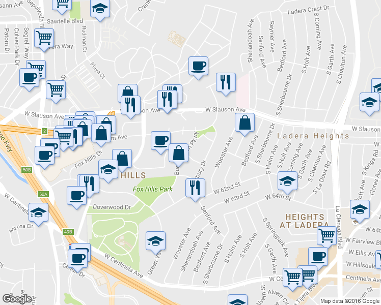 map of restaurants, bars, coffee shops, grocery stores, and more near 5974 Buckingham Parkway in Culver City