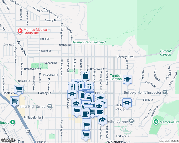 map of restaurants, bars, coffee shops, grocery stores, and more near 6227 Bright Avenue in Whittier
