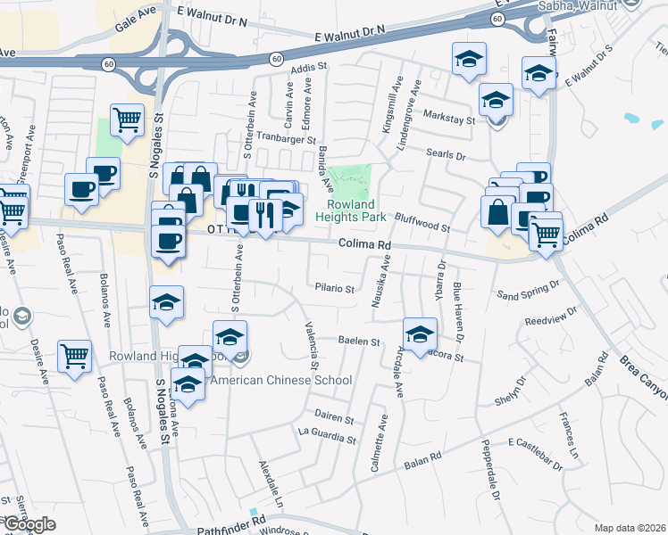 map of restaurants, bars, coffee shops, grocery stores, and more near 19347 Andrada Drive in Rowland Heights