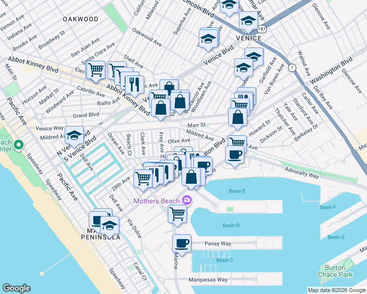 map of restaurants, bars, coffee shops, grocery stores, and more near 2416 Boone Avenue in Los Angeles