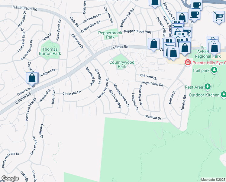 map of restaurants, bars, coffee shops, grocery stores, and more near 2330 Birch Log Way in Hacienda Heights