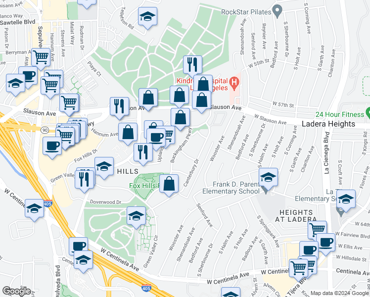 map of restaurants, bars, coffee shops, grocery stores, and more near 5974 Buckingham Parkway in Culver City