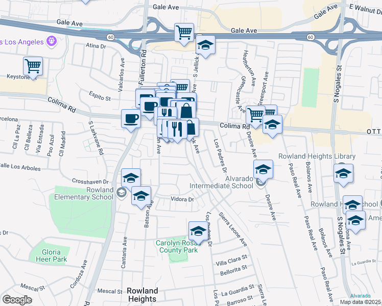 map of restaurants, bars, coffee shops, grocery stores, and more near 1788 Sierra Leone Avenue in Rowland Heights