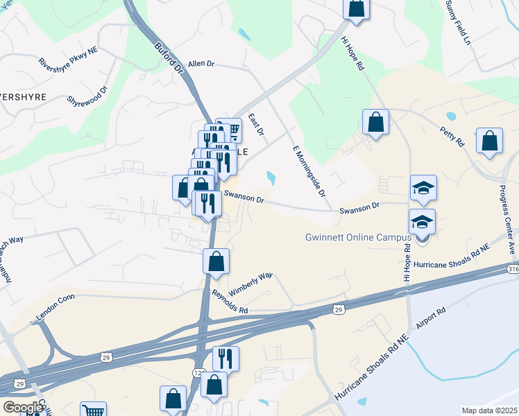 map of restaurants, bars, coffee shops, grocery stores, and more near 481 Swanson Drive in Lawrenceville