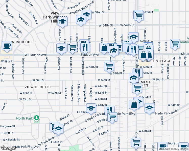 map of restaurants, bars, coffee shops, grocery stores, and more near 3702 West 59th Street in Los Angeles