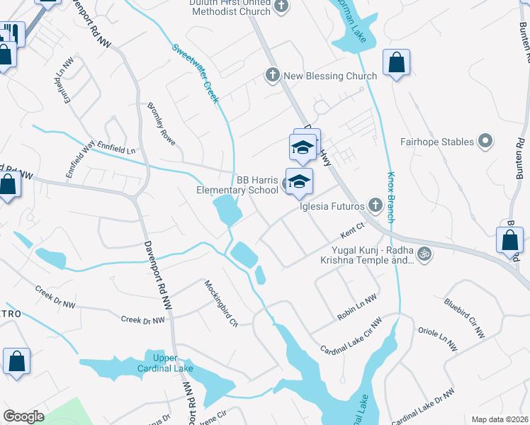 map of restaurants, bars, coffee shops, grocery stores, and more near 3173 Claiborne Drive Northwest in Duluth