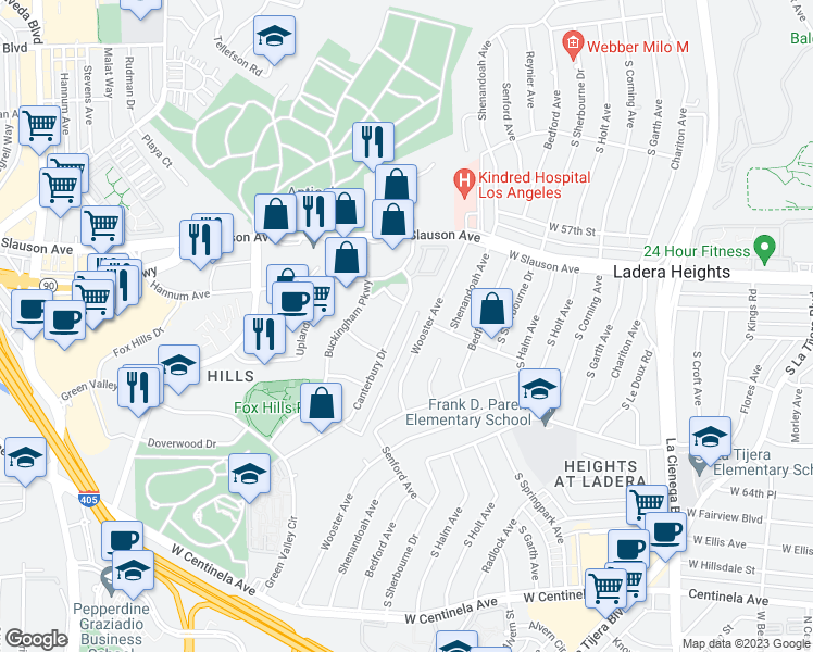 map of restaurants, bars, coffee shops, grocery stores, and more near 5950 Canterbury Drive in Culver City