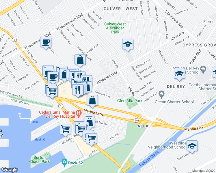 map of restaurants, bars, coffee shops, grocery stores, and more near 13082 Mindanao Way in Marina del Rey