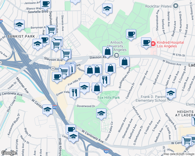 map of restaurants, bars, coffee shops, grocery stores, and more near 6070 Bristol Parkway in Culver City
