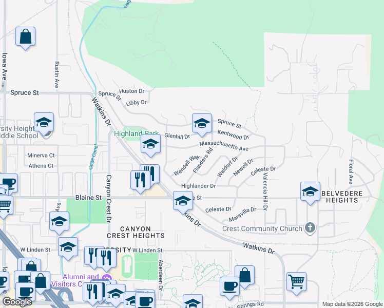 map of restaurants, bars, coffee shops, grocery stores, and more near 2998 Wendell Way in Riverside