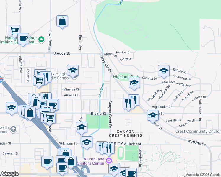 map of restaurants, bars, coffee shops, grocery stores, and more near 3029 Canyon Crest Drive in Riverside
