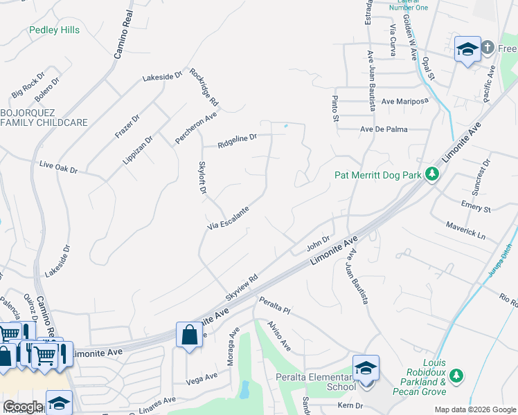 map of restaurants, bars, coffee shops, grocery stores, and more near 5627 Sharon Way in Riverside