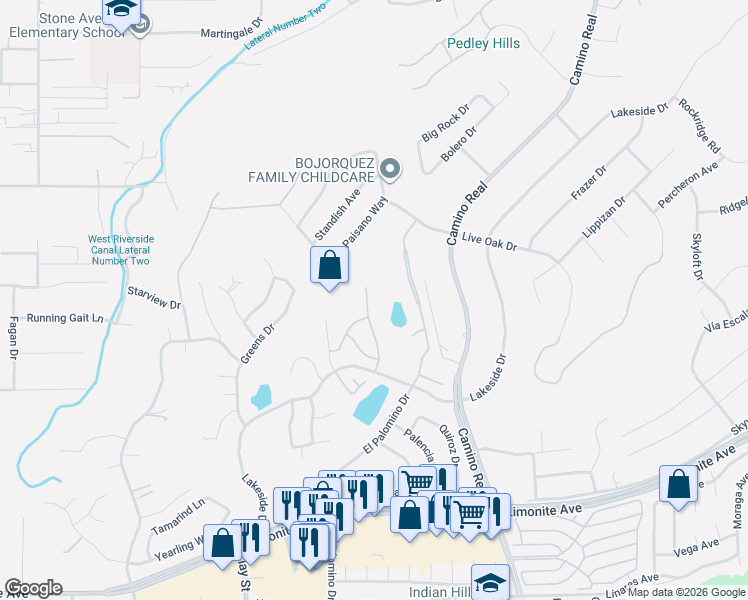 map of restaurants, bars, coffee shops, grocery stores, and more near 5694 Mapleview Drive in Riverside