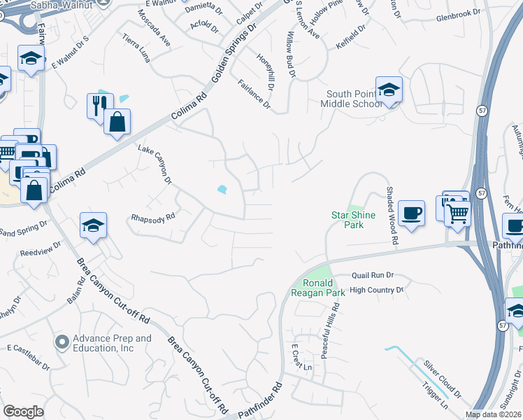 map of restaurants, bars, coffee shops, grocery stores, and more near 20527 Lake Canyon Drive in Walnut