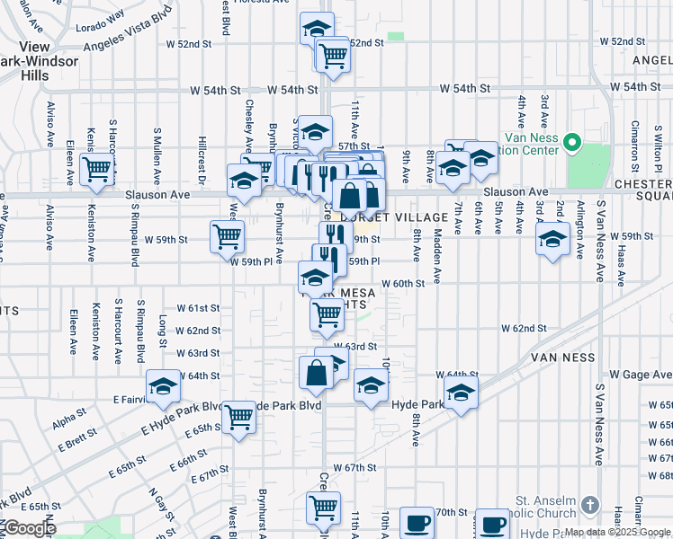 map of restaurants, bars, coffee shops, grocery stores, and more near 3331 West 60th Street in Los Angeles