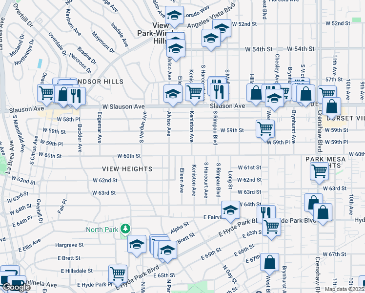 map of restaurants, bars, coffee shops, grocery stores, and more near 3915 West 60th Street in Los Angeles