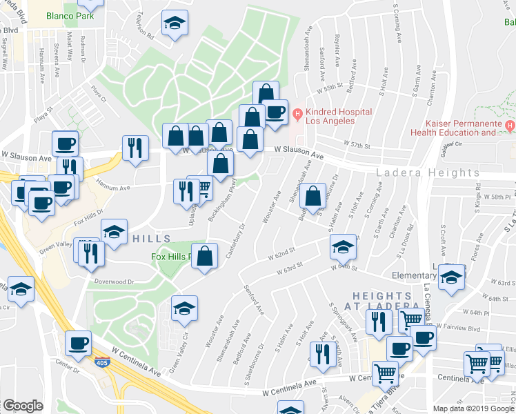 map of restaurants, bars, coffee shops, grocery stores, and more near 5950 Canterbury Drive in Culver City