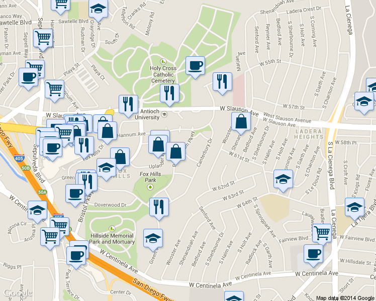map of restaurants, bars, coffee shops, grocery stores, and more near 5674 Windsor Way in Culver City