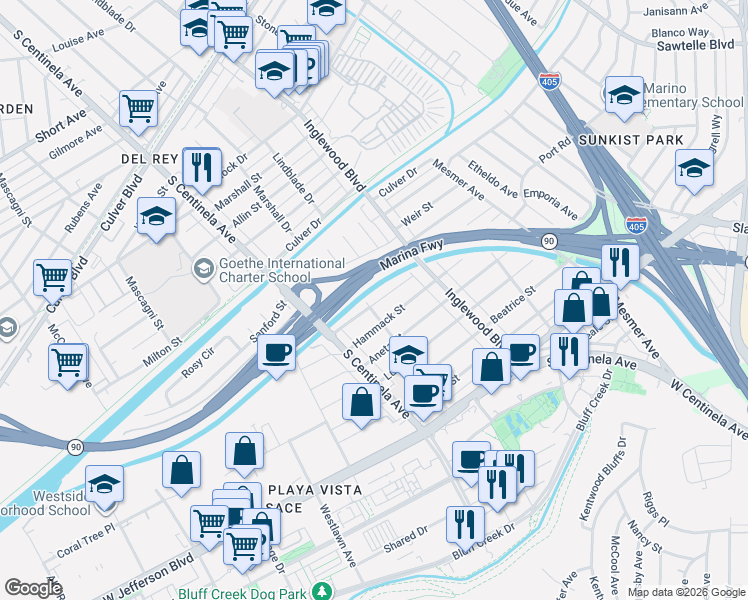 map of restaurants, bars, coffee shops, grocery stores, and more near 12204 Alberta Drive in Culver City
