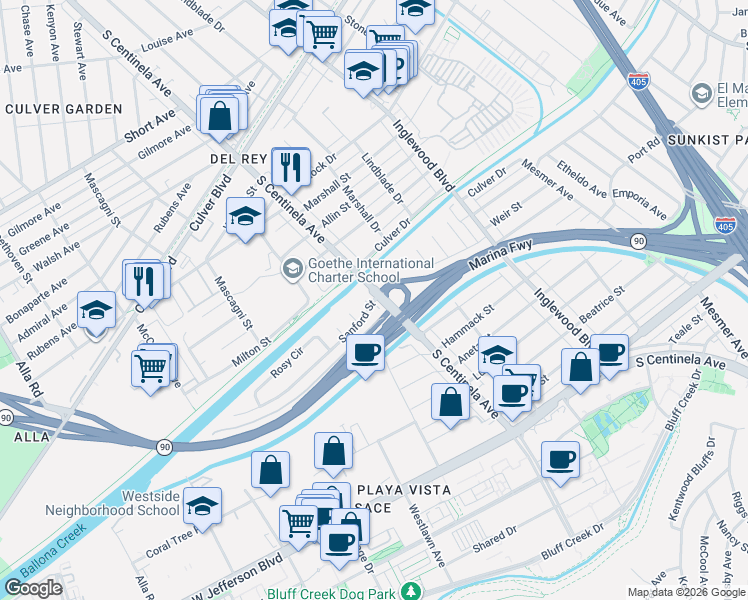map of restaurants, bars, coffee shops, grocery stores, and more near 12404 Sanford Street in Los Angeles