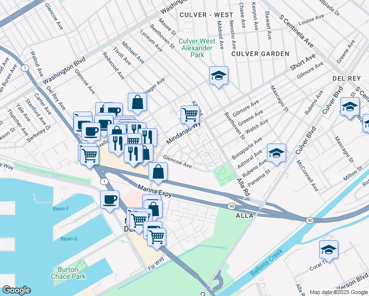 map of restaurants, bars, coffee shops, grocery stores, and more near 13082 Mindanao Way in Marina del Rey
