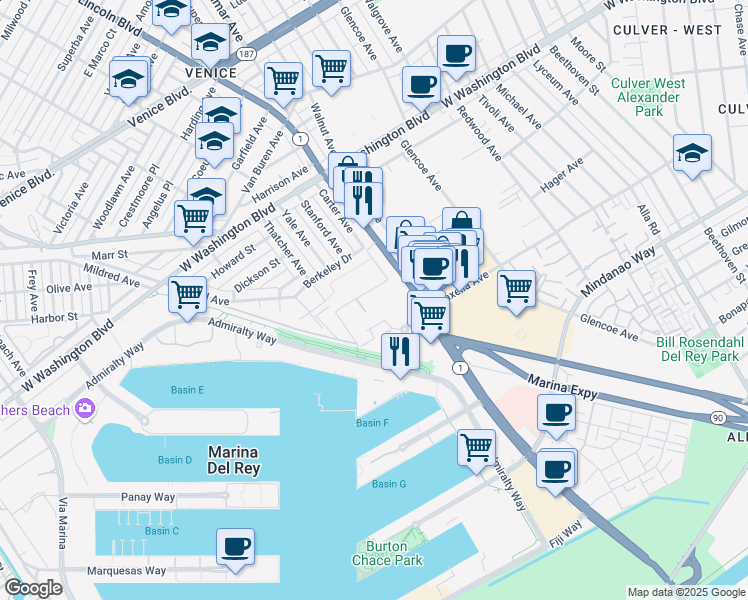 map of restaurants, bars, coffee shops, grocery stores, and more near 1042 Princeton Drive in Marina del Rey