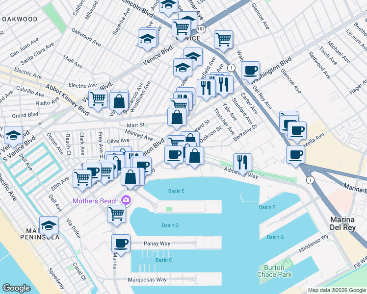 map of restaurants, bars, coffee shops, grocery stores, and more near 4334 Admiralty Way in Marina del Rey