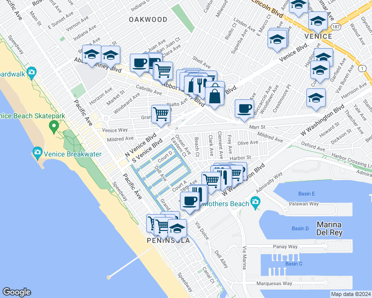 map of restaurants, bars, coffee shops, grocery stores, and more near 2403 Ocean Avenue in Los Angeles