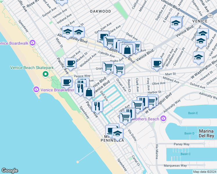 map of restaurants, bars, coffee shops, grocery stores, and more near 441 Linnie Canal in Los Angeles