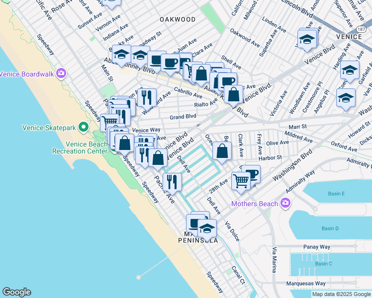map of restaurants, bars, coffee shops, grocery stores, and more near in Los Angeles