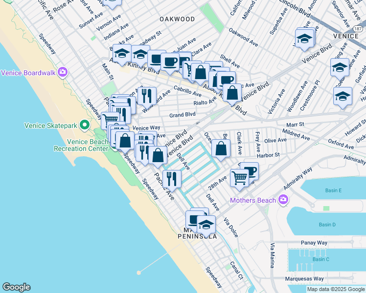 map of restaurants, bars, coffee shops, grocery stores, and more near in Los Angeles
