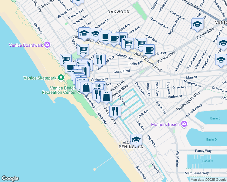 map of restaurants, bars, coffee shops, grocery stores, and more near 216 North Venice Boulevard in Los Angeles