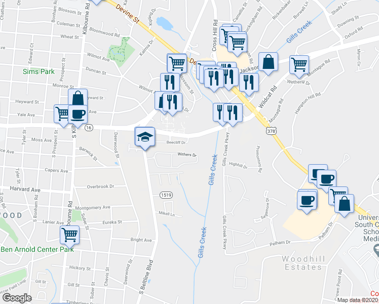 map of restaurants, bars, coffee shops, grocery stores, and more near 33f Withers Drive in Columbia