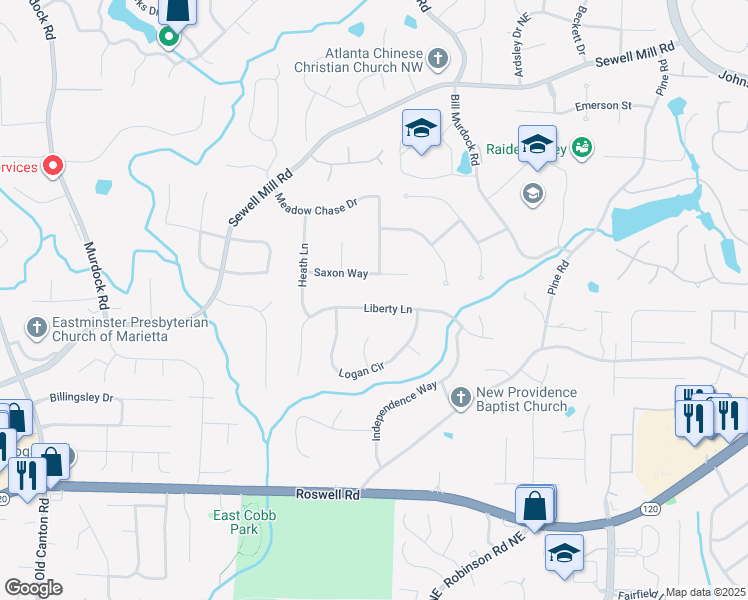 map of restaurants, bars, coffee shops, grocery stores, and more near 3580 Liberty Lane in Marietta