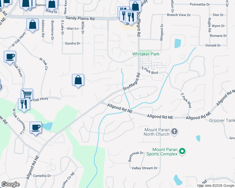 map of restaurants, bars, coffee shops, grocery stores, and more near 1436 Brentwood Drive in Marietta