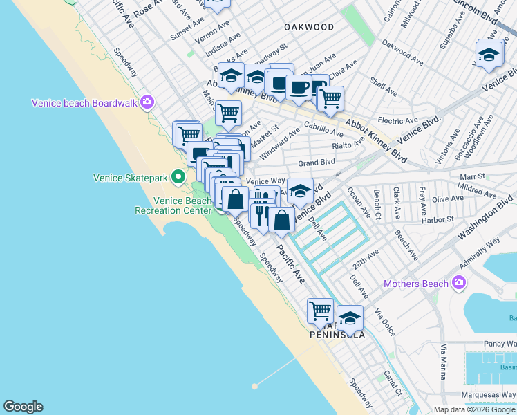 map of restaurants, bars, coffee shops, grocery stores, and more near in Los Angeles