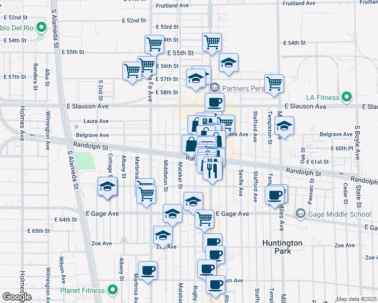map of restaurants, bars, coffee shops, grocery stores, and more near in Huntington Park
