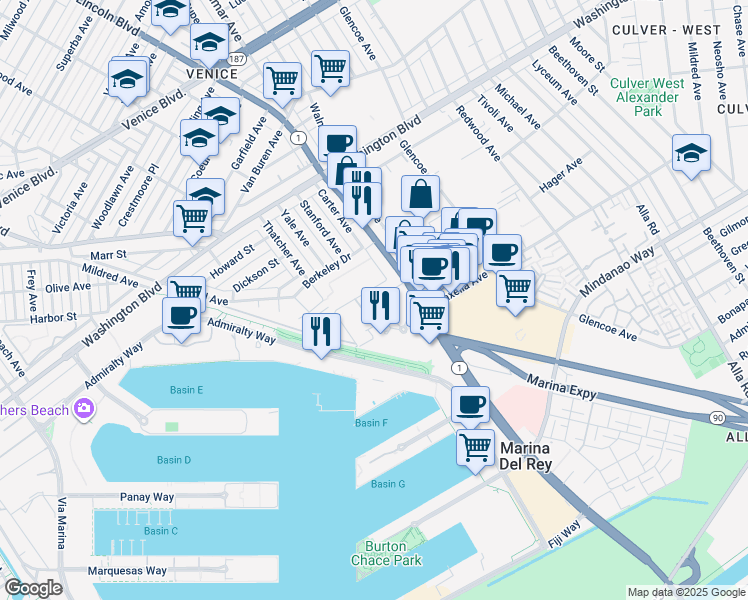map of restaurants, bars, coffee shops, grocery stores, and more near 1046 Princeton Drive in Marina del Rey