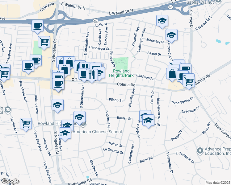 map of restaurants, bars, coffee shops, grocery stores, and more near 19347 Andrada Drive in Rowland Heights