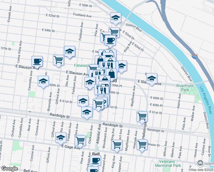 map of restaurants, bars, coffee shops, grocery stores, and more near 4521 East 60th Street in Maywood
