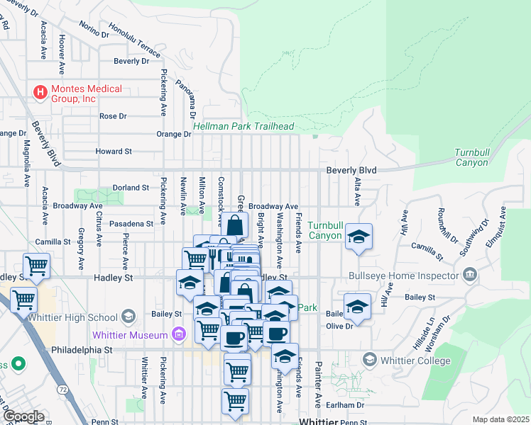 map of restaurants, bars, coffee shops, grocery stores, and more near 6206 Bright Avenue in Whittier