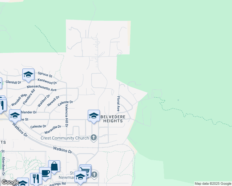 map of restaurants, bars, coffee shops, grocery stores, and more near 2953 Floral Avenue in Riverside