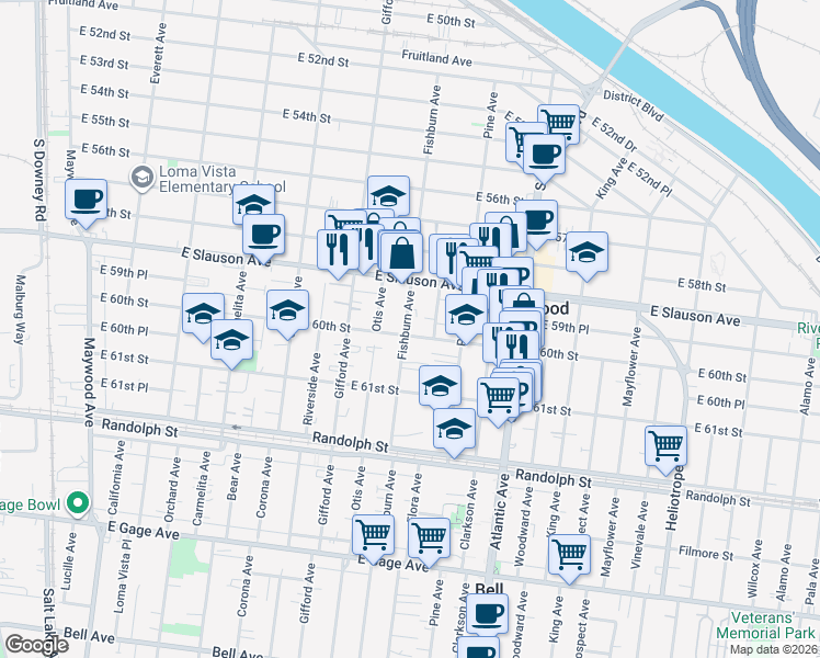 map of restaurants, bars, coffee shops, grocery stores, and more near 4301 East 60th Street in Huntington Park