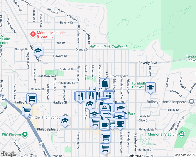 map of restaurants, bars, coffee shops, grocery stores, and more near 6207 Comstock Avenue in Whittier