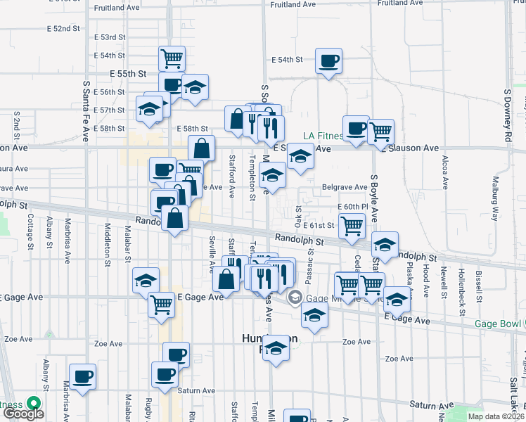 map of restaurants, bars, coffee shops, grocery stores, and more near 6043 Miles Avenue in Huntington Park