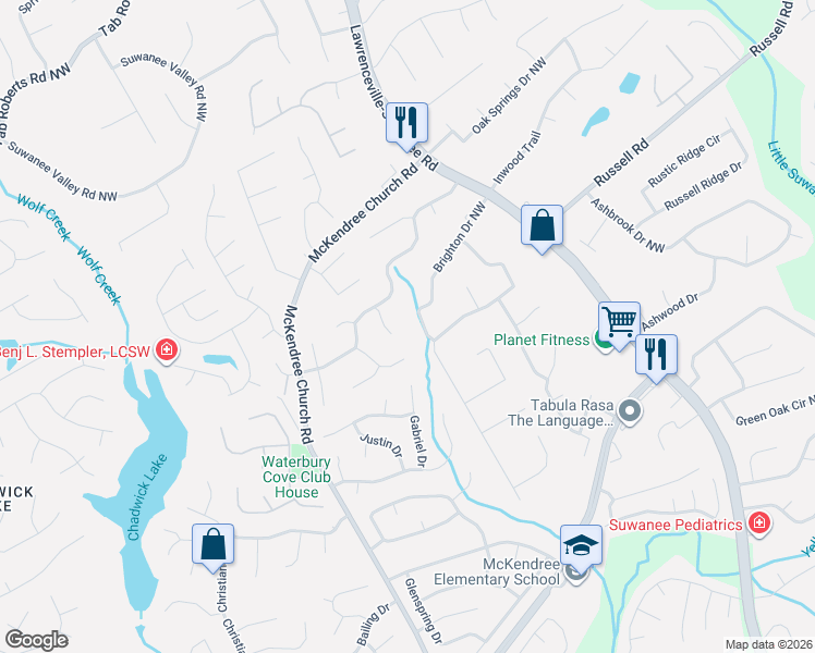 map of restaurants, bars, coffee shops, grocery stores, and more near 801 Brighton Drive Northwest in Lawrenceville